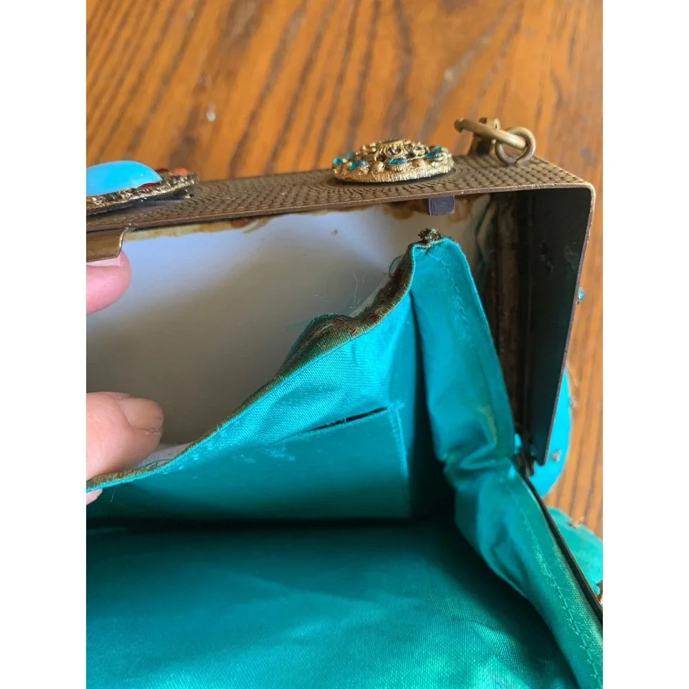 Vintage Blue Beaded Evening Bag Handbag Turquoise Goldwork Embroidery Fair